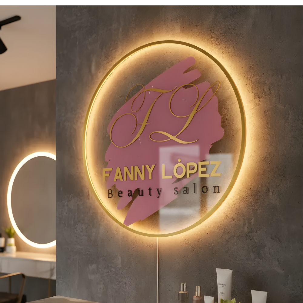 Logo Personalizado Neon - Letrero Luminoso Dorado Espejo